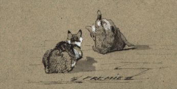 Frémiet (Emmanuel, 1824-1910) - Study of two cats point of brush, grey wash, heightened with