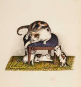 Mind (Gottfried, 1768-1814), Follower of. - Cat on a stool, playing with three kittens watercolour
