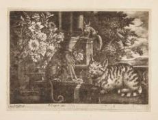Griffier the Elder (Jan, 1645-1718) - Cat, monkey, and squirrell, with vase of flowers and landscape