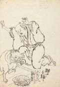 Hokuba (Teisai) - A cat and a folk dancer performing the Teodori dance, pen and black ink on tissue,