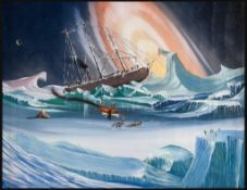 Goksch (K.) - The ship 'Fram' in pack ice in the Antarctic,  large gouache on paper within wide