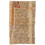Two fragments of leaves - from decorated Atlantic Bibles, in Latin on parchment [Italy  from