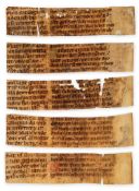 Five strips from a single leaf - from an early manuscript copy of Rudolf von Ems, Weltchronik