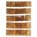 Five strips from a single leaf - from an early manuscript copy of Rudolf von Ems, Weltchronik