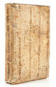 A large folded fragment of a choirbook leaf, - in Latin on parchment, on a binding of Antonio