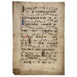 Bifolium from an Antiphoner - with line-drawn initials of a supplicant kneeling before an open...