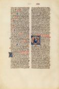 Single leaf from a decorated manuscript Bible, - with a historiated initial showing Baruch writing