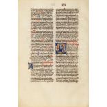 Single leaf from a decorated manuscript Bible, - with a historiated initial showing Baruch writing
