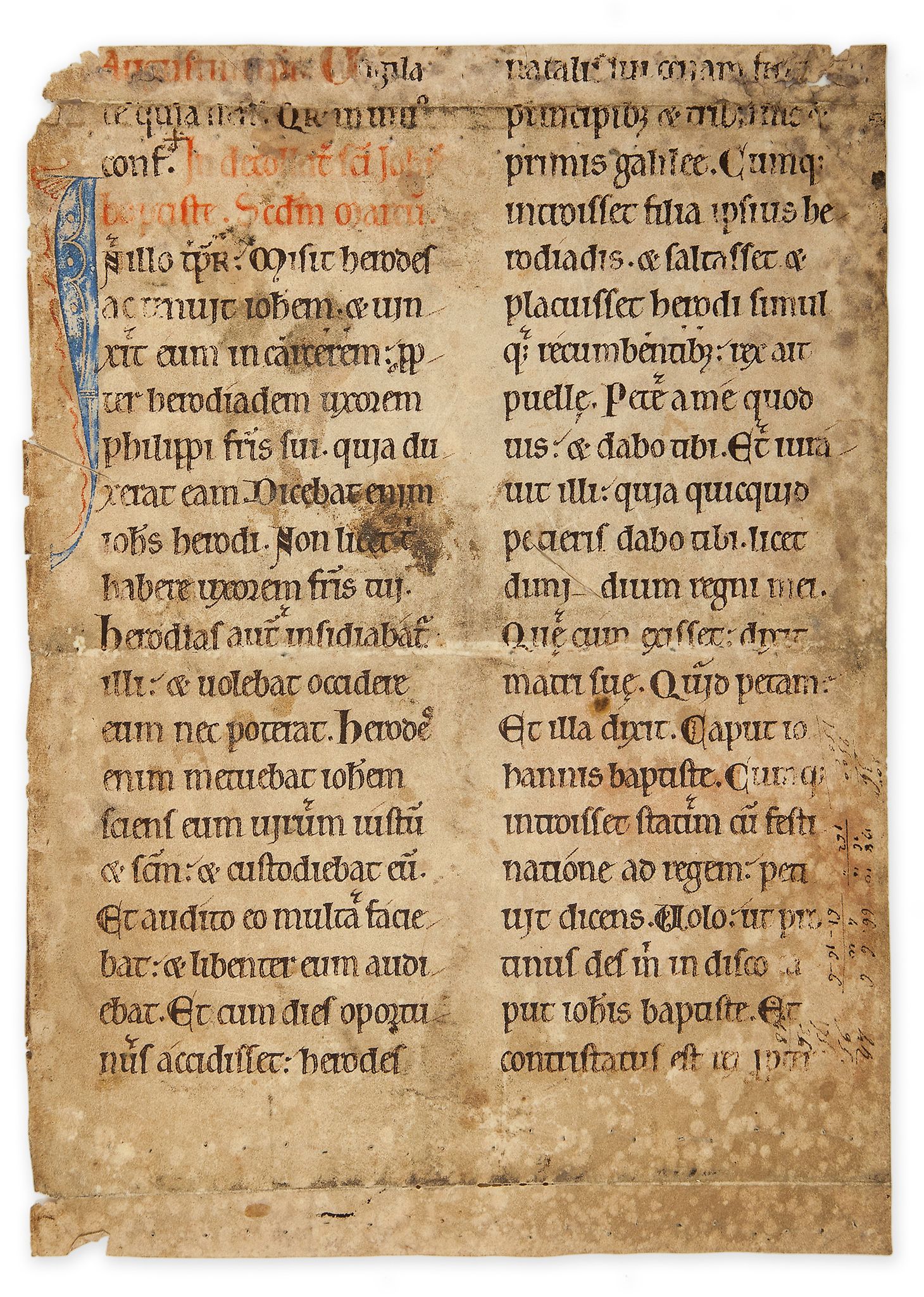 Leaf from a decorated Romanesque Lectionary, - in Latin on parchment [Low Countries or northern