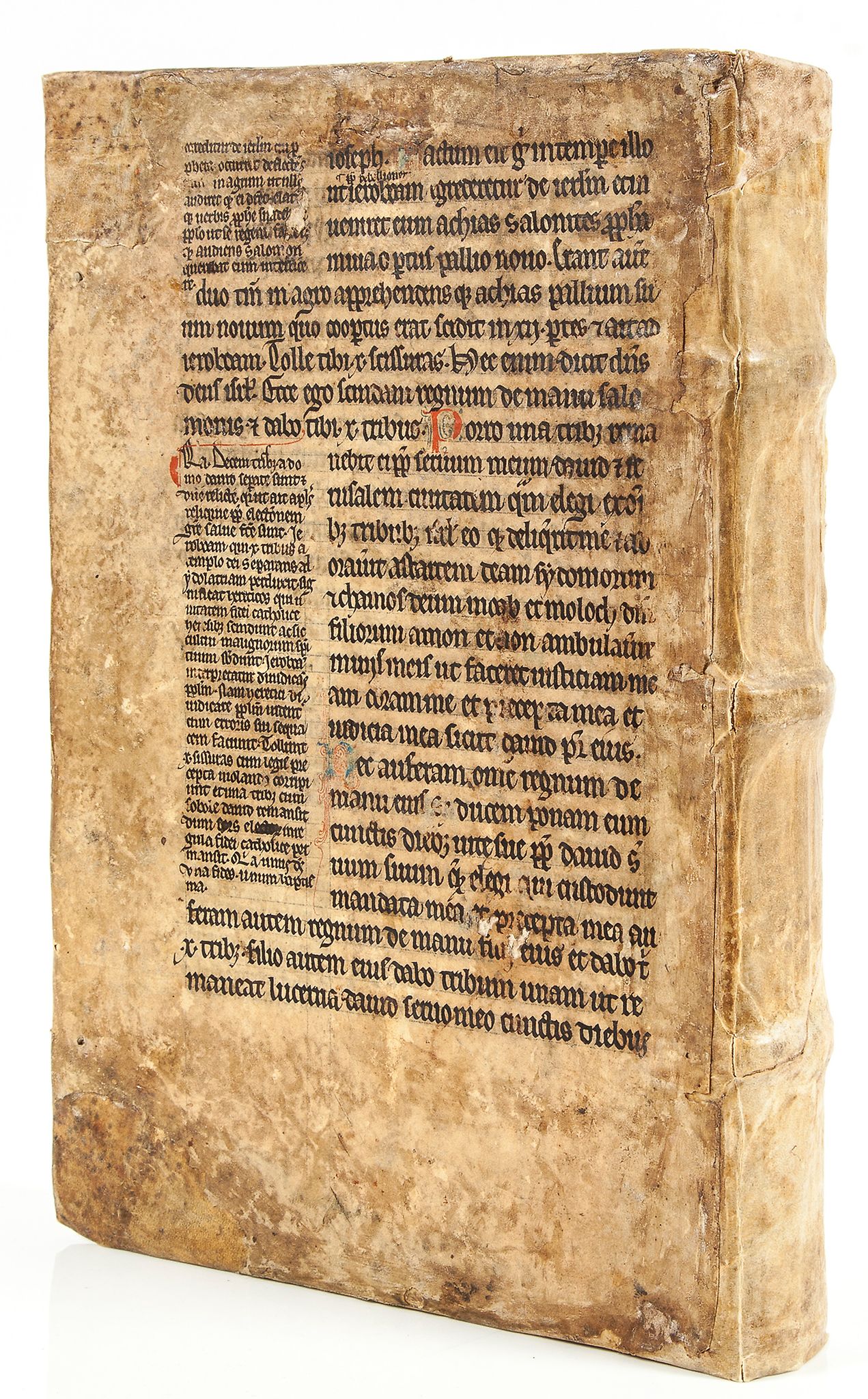 Two leaves from a Romanesque Glossed Bible, - in Latin on parchment, on the front and back boards of - Image 2 of 2