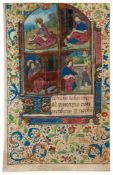 Leaf from an illuminated manuscript Book of Hours - with a four-compartmented miniature showing
