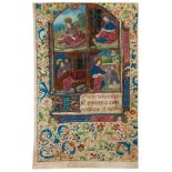 Leaf from an illuminated manuscript Book of Hours - with a four-compartmented miniature showing