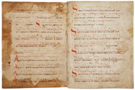 Bifolium from an early musical manuscript, - probably a hymnal, in Latin on parchment [probably