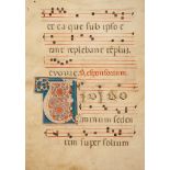 Large decorated initial - on a leaf from a manuscript Antiphoner, in Latin on parchment [Italy  on a