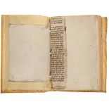 Two strips - from a decorated legal manuscript codex, in Latin on parchment  from a decorated