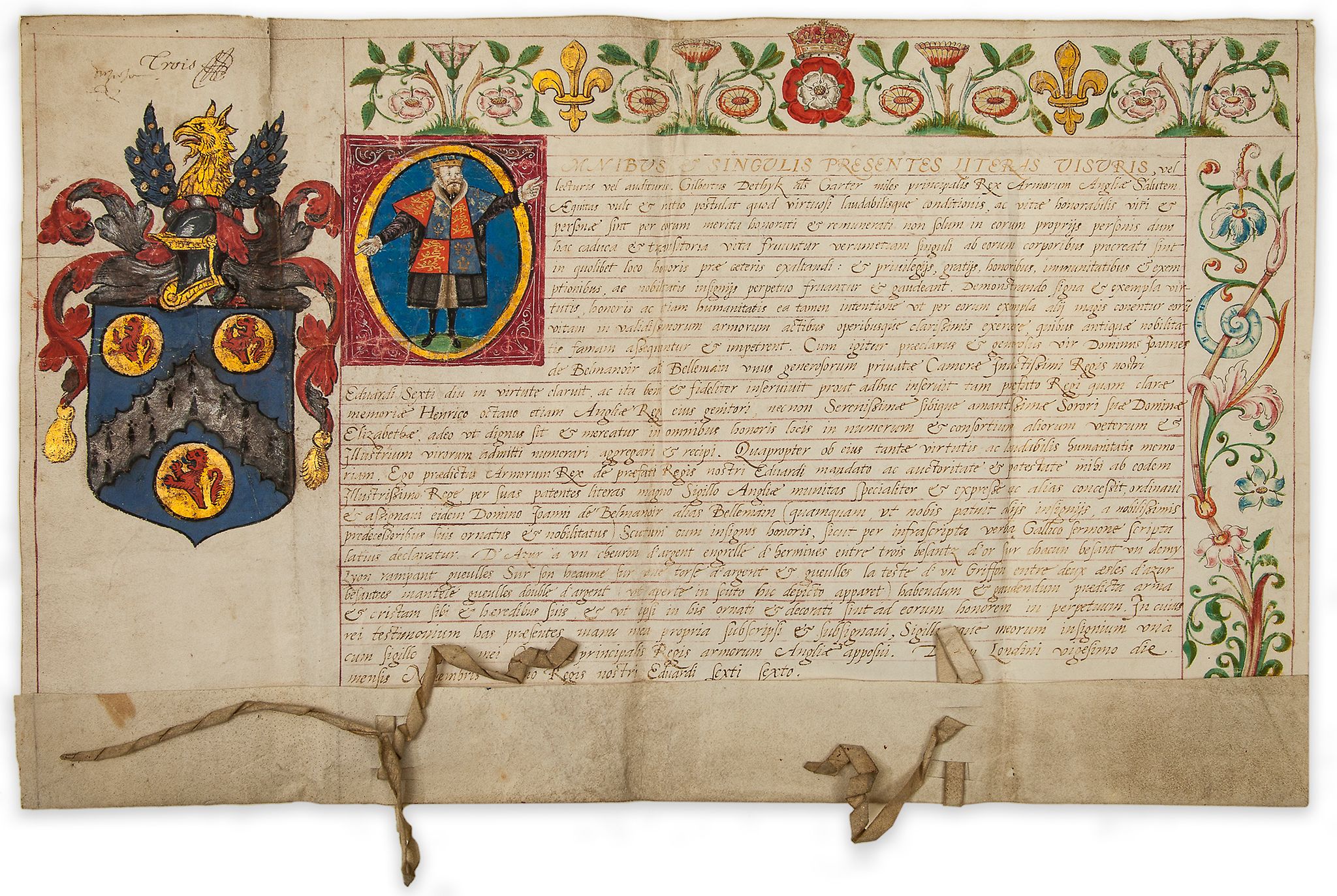 Grant of Arms for Jean Belmain, - French tutor to King Edward VI and Queen Elizabeth I  French tutor