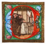 Franciscan choristers in a bejeweled initial, - on a cutting from a manuscript Antiphoner or