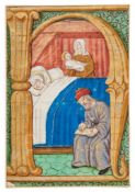 The Birth of the Virgin, - historiated initial from an illuminated manuscript choirbook on...