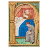 The Birth of the Virgin, - historiated initial from an illuminated manuscript choirbook on...