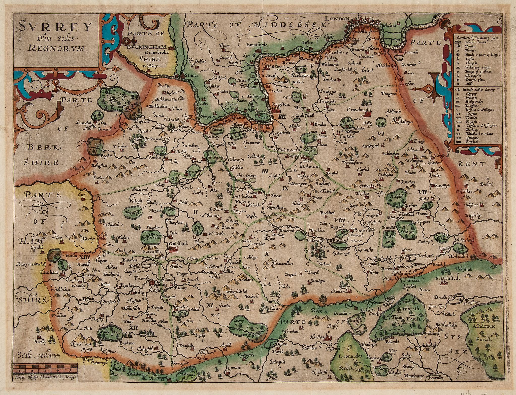 Surrey.- Blaeu (Johan and Willem) - Surria Vernacule Surrey, county map including London, ornate - Image 3 of 3