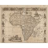 Wit (Frederick de) - Nova Africa Descriptio, carte-à-figures with 6 panels of city views above,