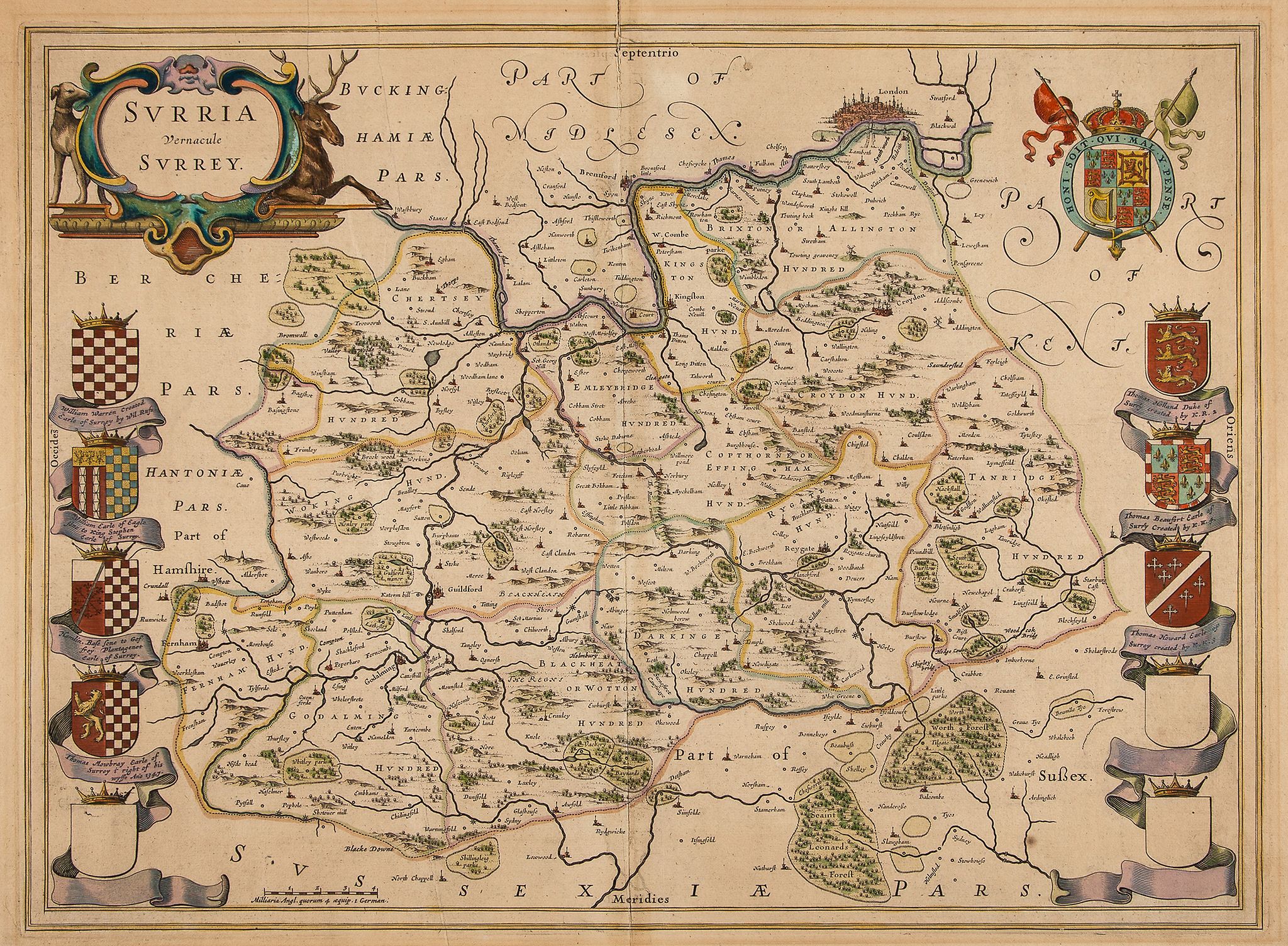 Surrey.- Blaeu (Johan and Willem) - Surria Vernacule Surrey, county map including London, ornate