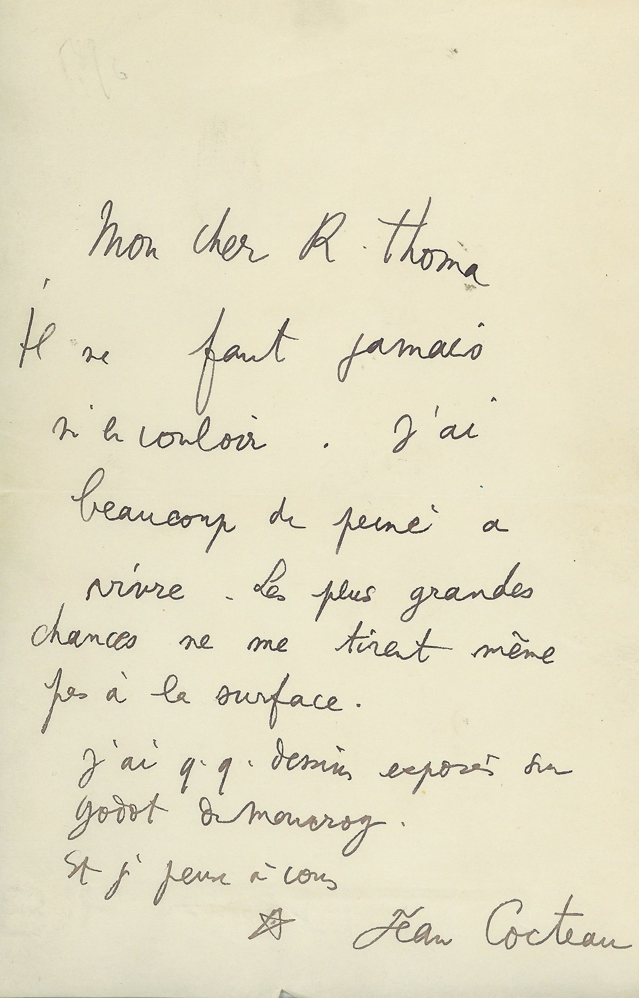 COCTEAU, JEAN - Autograph letter signed to Richard Thoma in French Autograph letter signed ('Jean