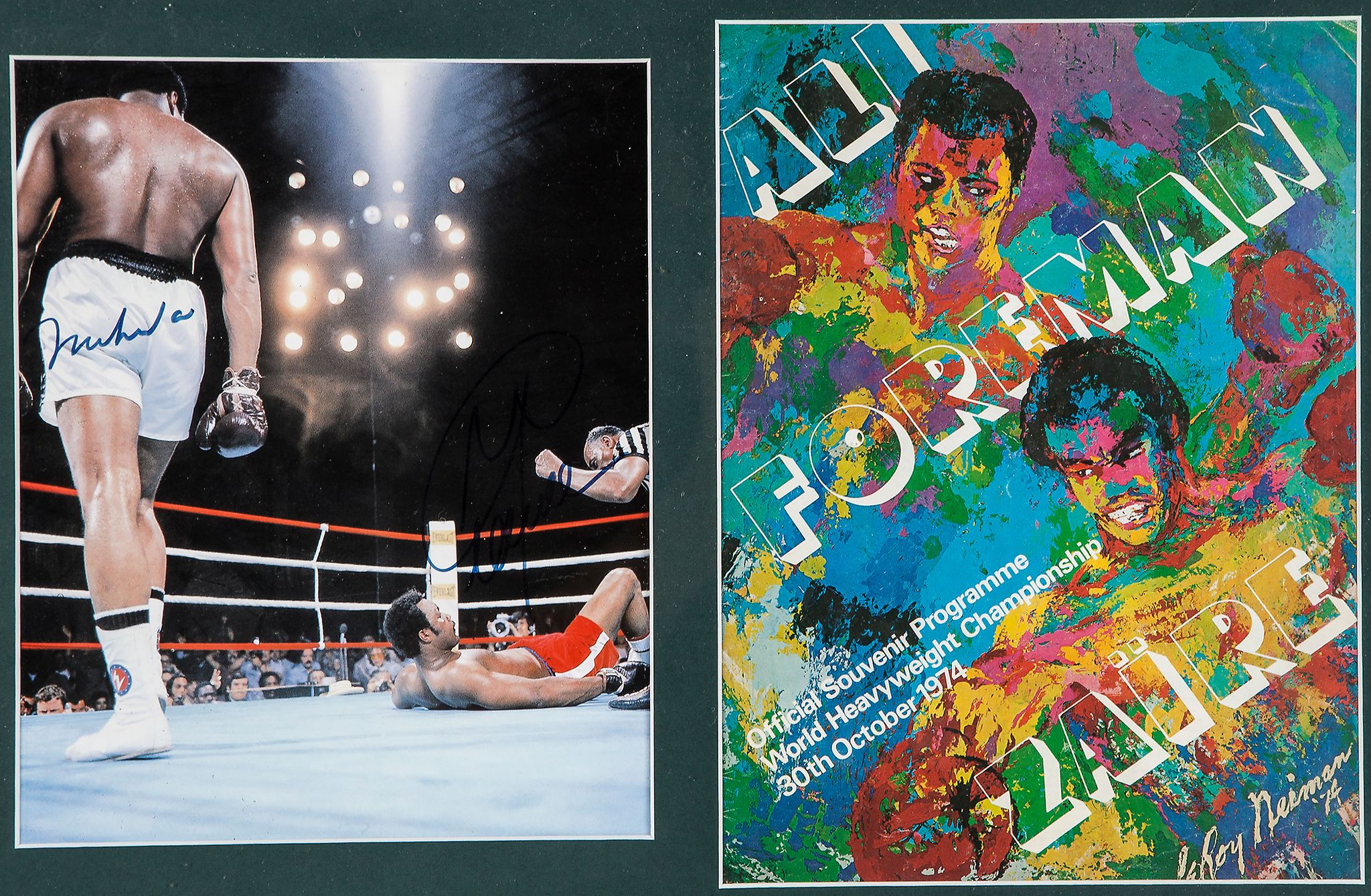 ALI, MUHAMMAD & GEORGE FOREMAN - signed photograph with programme from match Colour photograph of