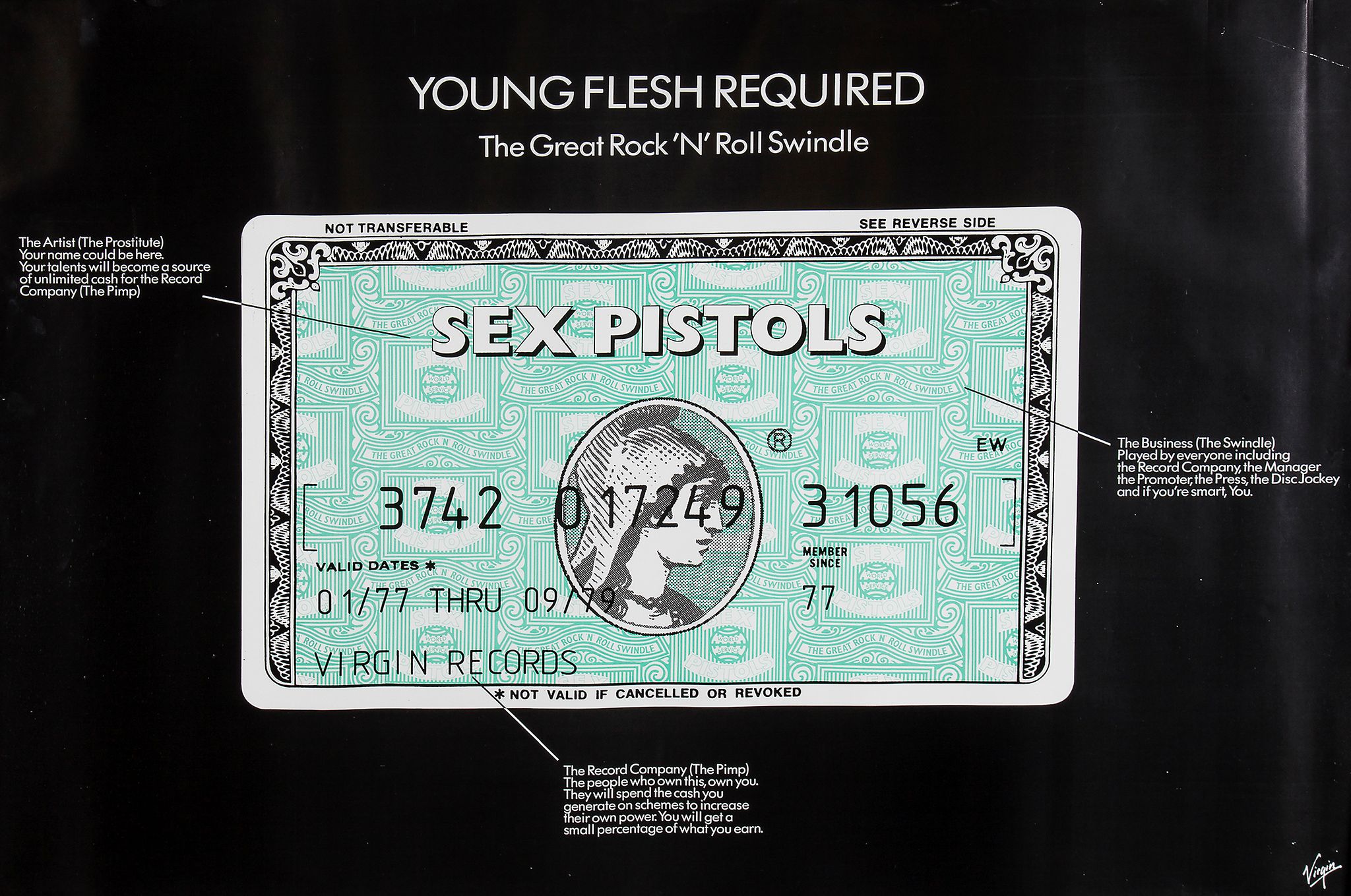 SEX PISTOLS - Original Virgin promotional 'Young Flesh Required' poster Original Virgin