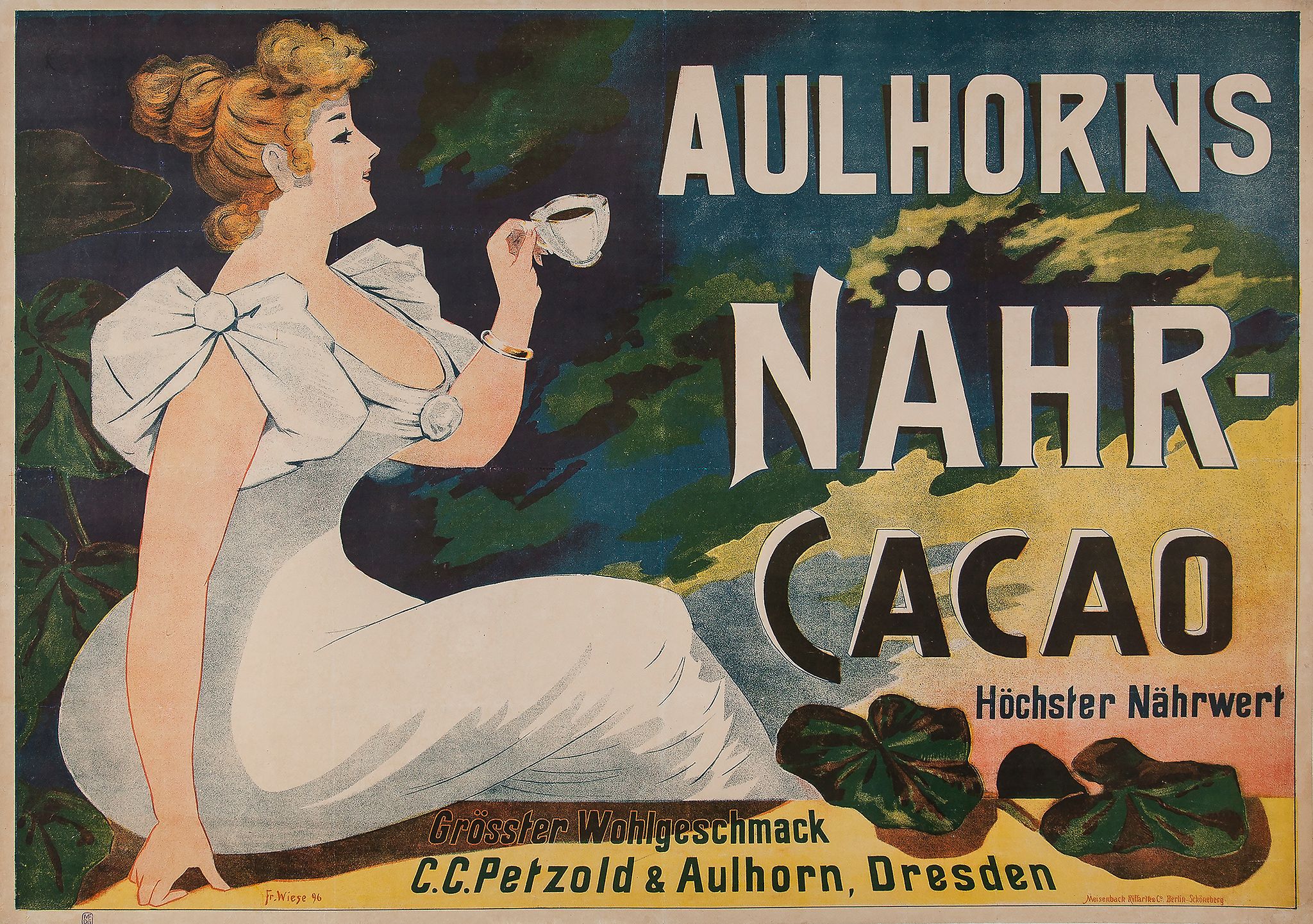 WIESE, Fr - AULHORNS NAHR-CACAO lithographic poster in colours, 1896, printed by Meisenback Riffarik