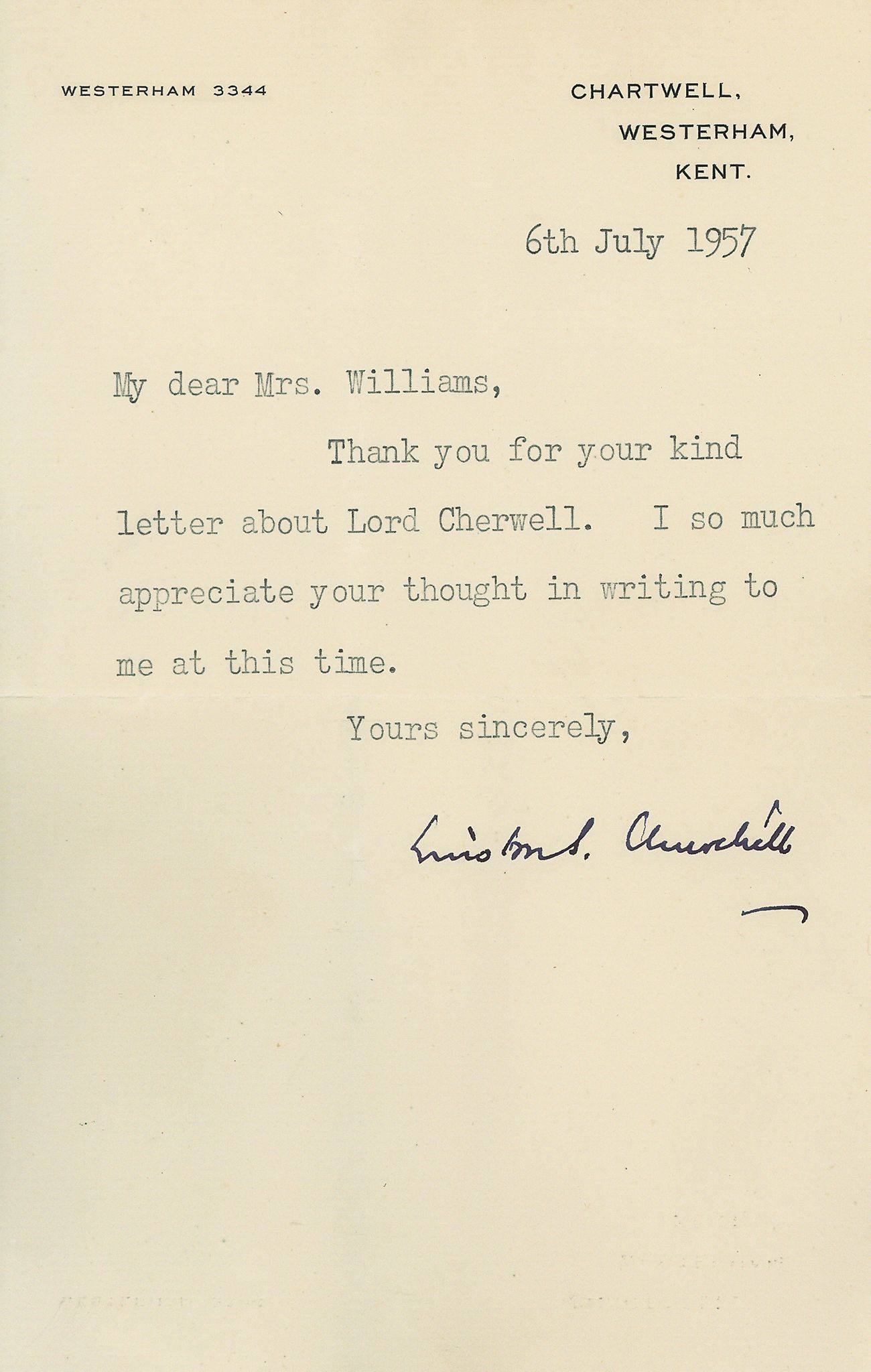CHURCHILL, WINSTON - Typed letter signed to Mrs Williams thanking the recipient for... Typed