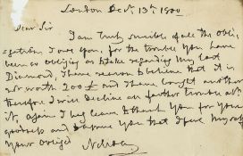 NELSON, HORATIO - Autograph letter signed to unknown recipient and reading Autograph letter
