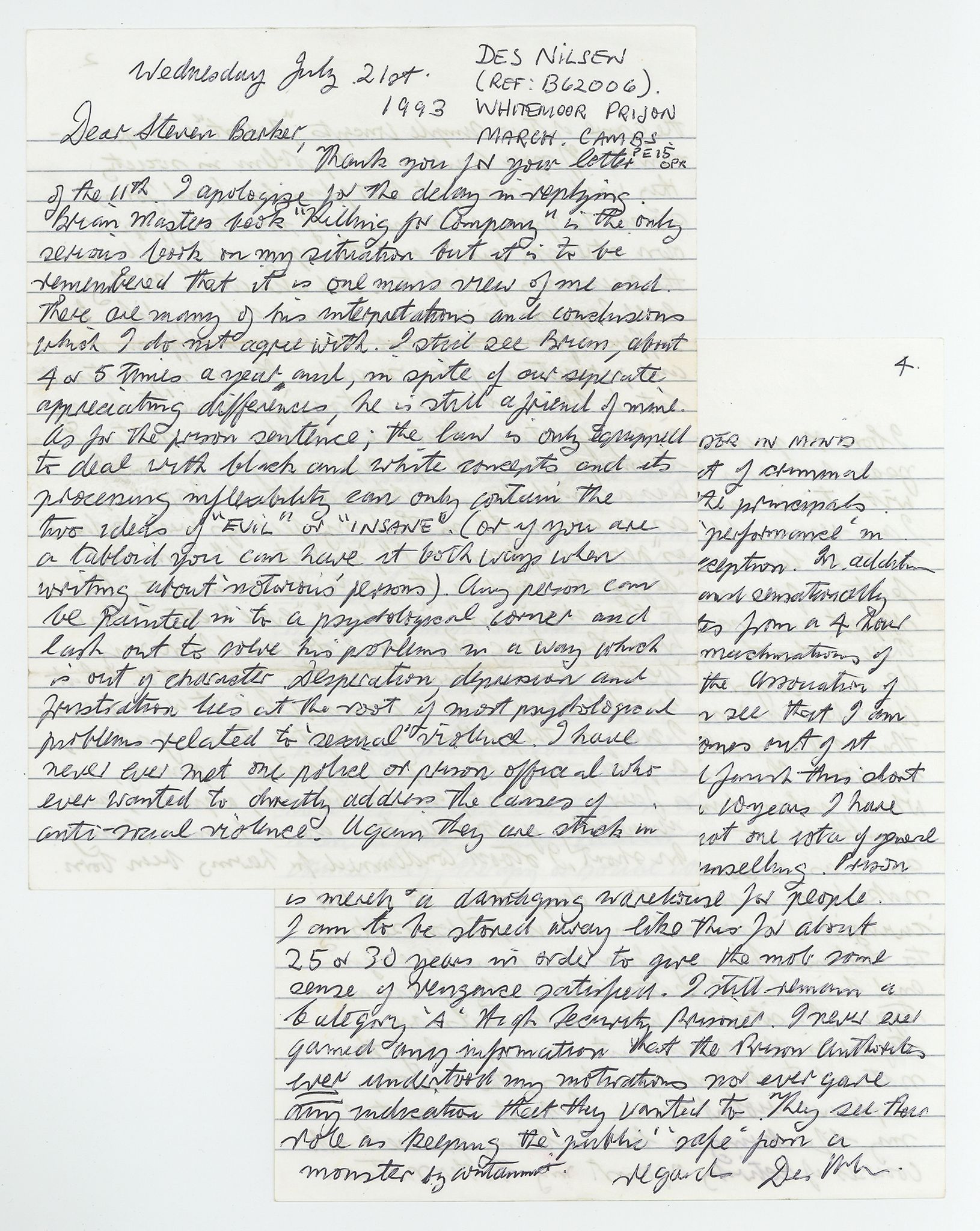 NILSEN, DENNIS - Autograph letter signed expressing Nilsen Autograph letter signed (Þnnis Nilsen')