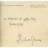 STRAUSS, RICHARD - Autograph note signed in black ink in German on personalised... Autograph note