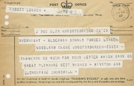 CHURCHILL, WINSTON - Post Office Telegram from Winston Churchill and his wife... Post Office