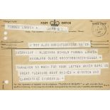 CHURCHILL, WINSTON - Post Office Telegram from Winston Churchill and his wife... Post Office