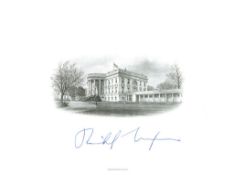 NIXON, RICHARD - A card featuring an engraved image of the White House and signed... A card