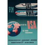 ANONYMOUS - FLY SAS NWA to the USA lithographic poster in colours, 1950, pinted by Tornbloms Esselte