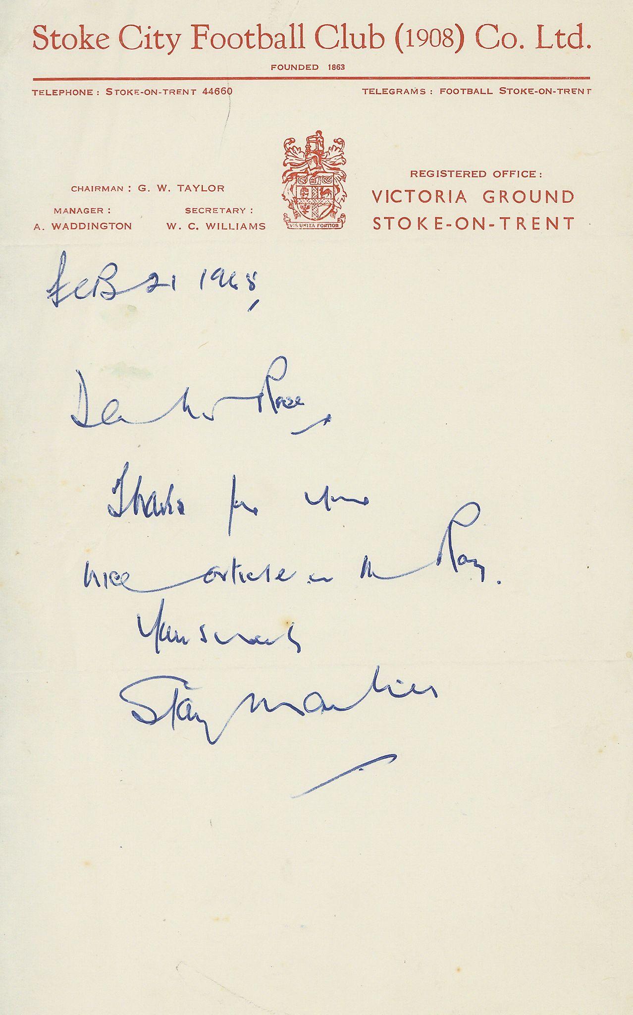 MATTHEWS, STANLEY - Autograph note signed on Stoke City Football Club headed paper Autograph note