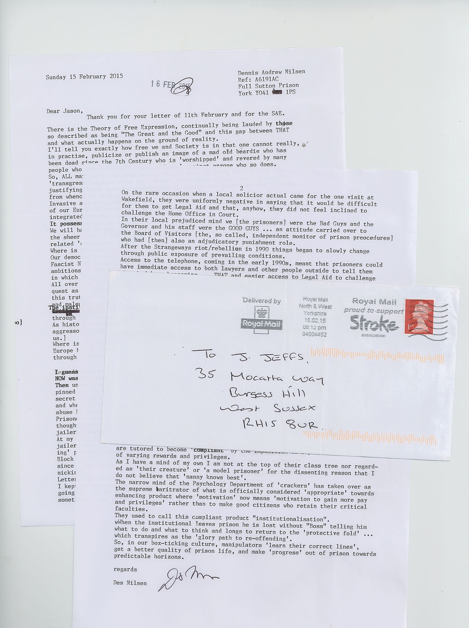 NILSEN, DENNIS - Three typed letters signed . In the first letter he writes that the Three typed - Image 2 of 2