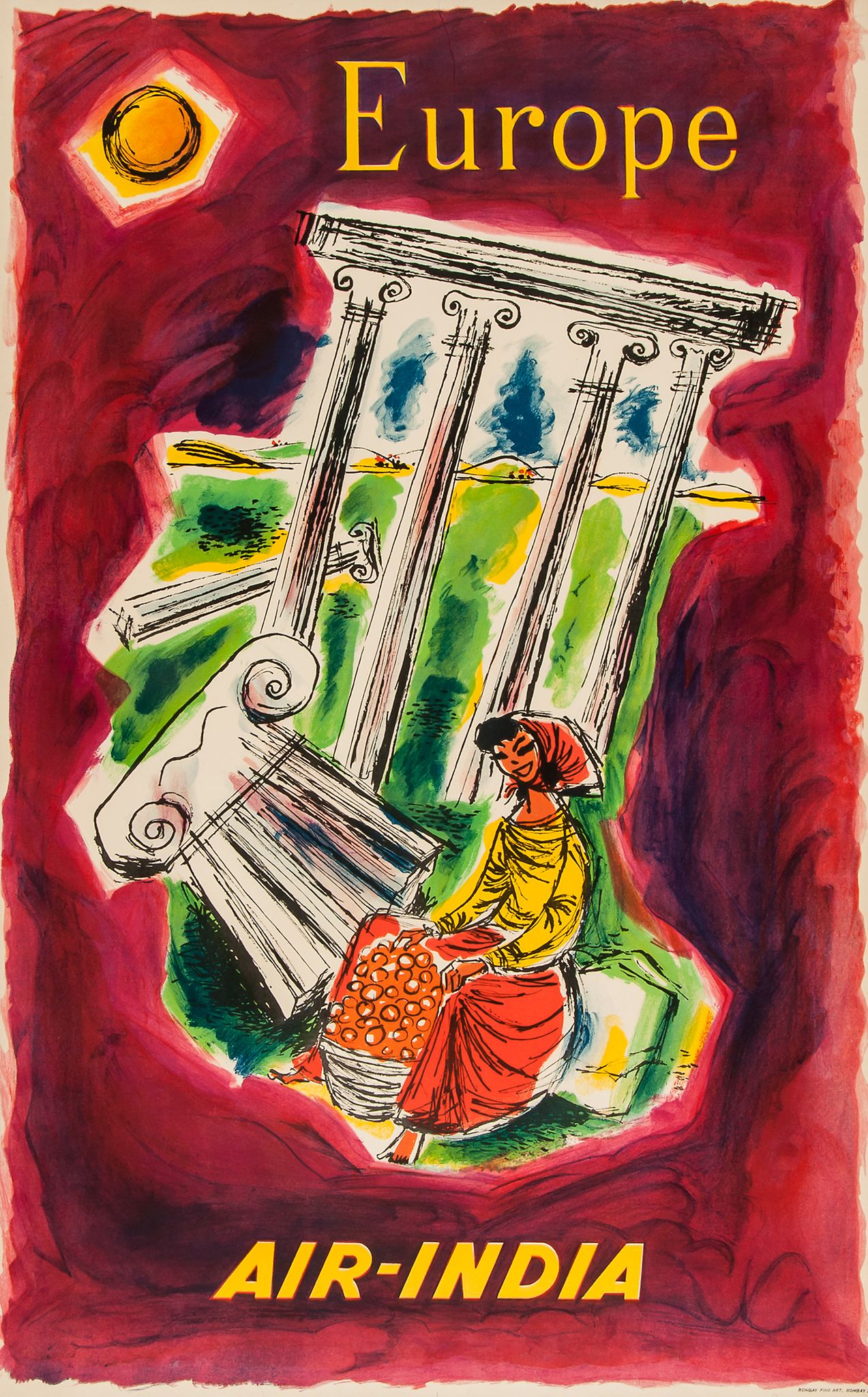 ANONYMOUS - AIR INDIA, EUROPE lithographic poster in colours, printed by Bombay Fine Art, Bombay