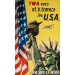 ANONYMOUS - TWA VERS ET A TRAVERS LES USA lithographic poster in colours, cond A- , backed on