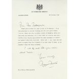 THATCHER, MARGARET - Typed letter on  Downing Street' headed paper, signed Typed letter on 