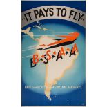 SHEP - B.S.A.A. It pays to fly lithographic poster in colours, 1948, cond.A-, backed on linen 39 x