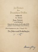 HITLER, ADOLF AND HERMANN GÖRING - Wartime document congratulating Franz Babioch on his