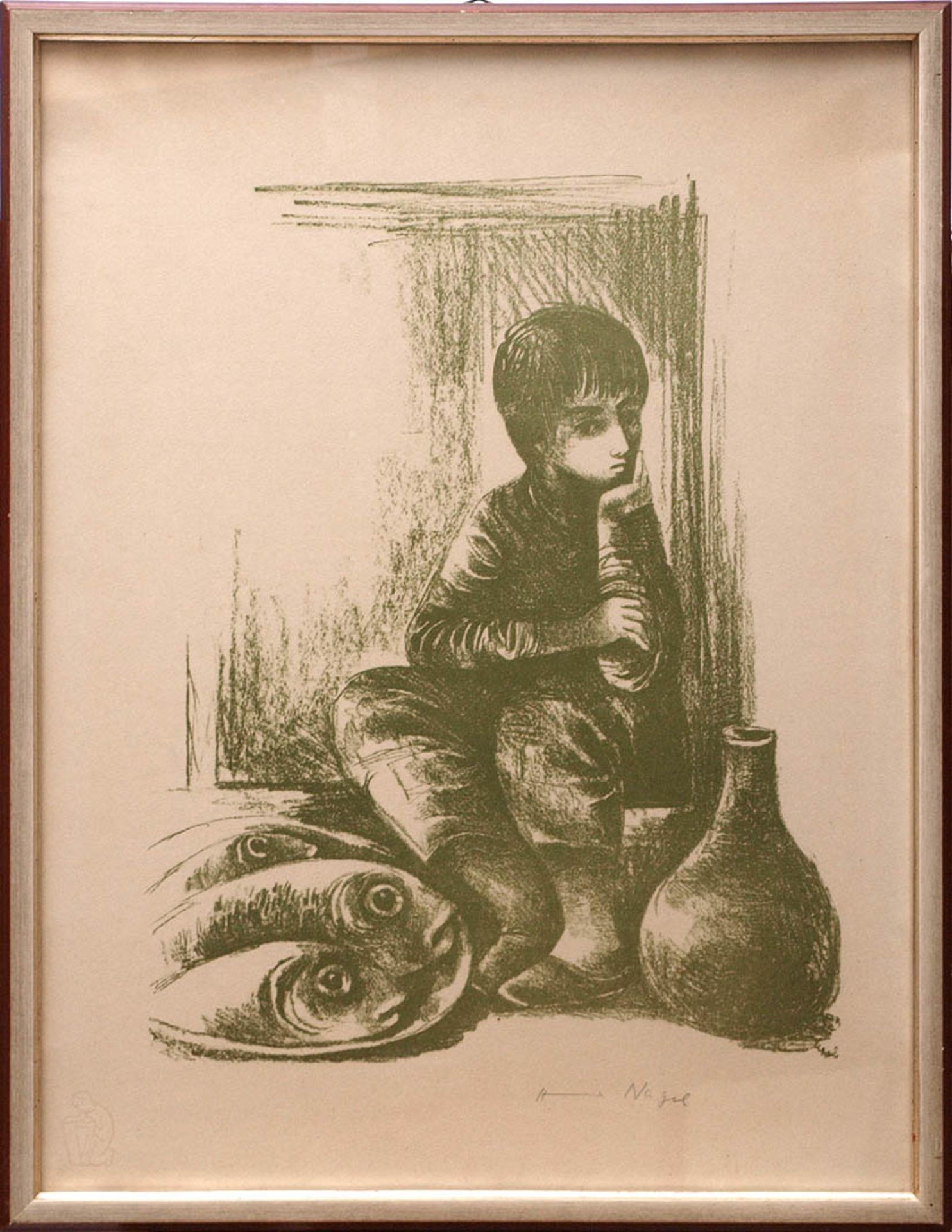 Nagel, Hanna, 1907 - 1975 Traurig blickender Knabe vor einem Krug und einem Teller mit drei Fischen.