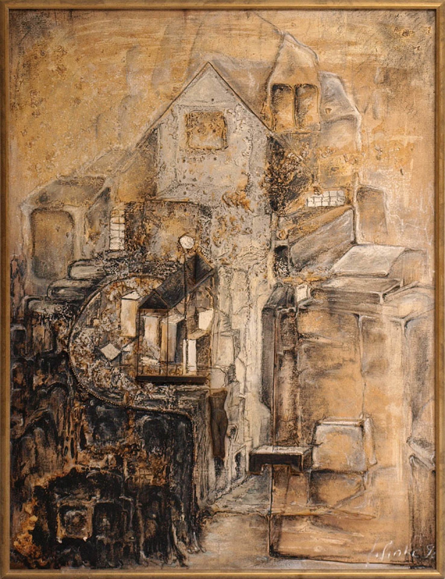 Finke, I., 20.Jhdt. Collage. Öl, Holz und Metall auf Leinwand, rechts unten sign., ger. Bildgröße