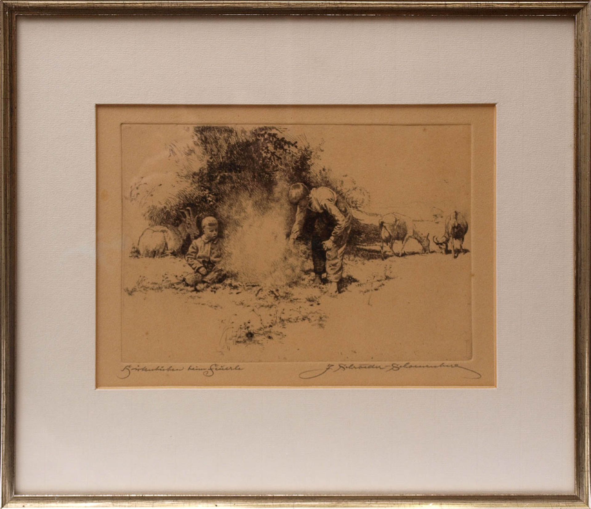 Schroeder-Schönenberg, Josef, 1896 - 1948 Zwei Hirtenbuben mit ihren Geißen, an einem Lagerfeuer