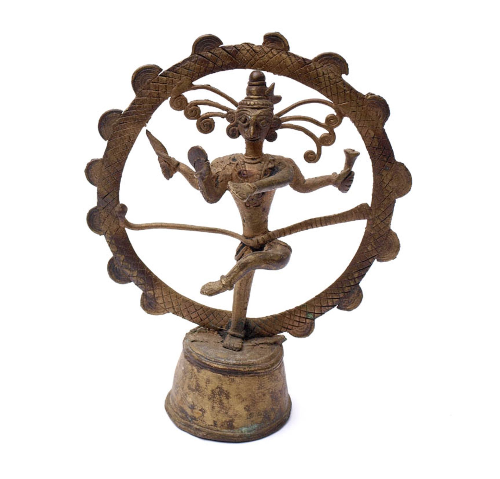 Götterfigur, Thailand, 18./19.Jhdt.Tanzender Shiva auf glockenförmigem Sockel. Gelbguss mit