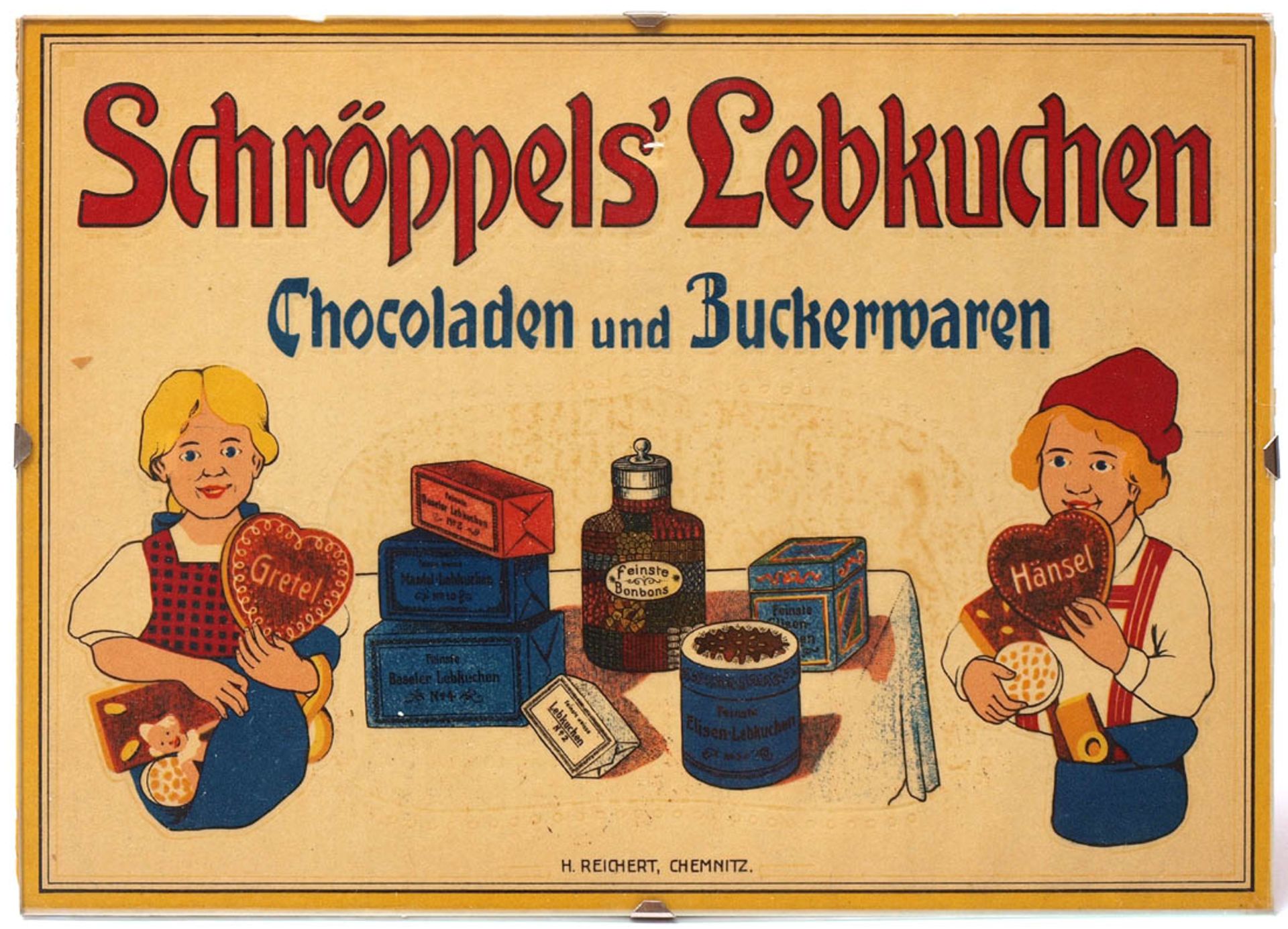 Werbeschild, Schröppel's LebkuchenPolychrome Lithographie auf gelatineartiger Folie. Unter Glas ger.